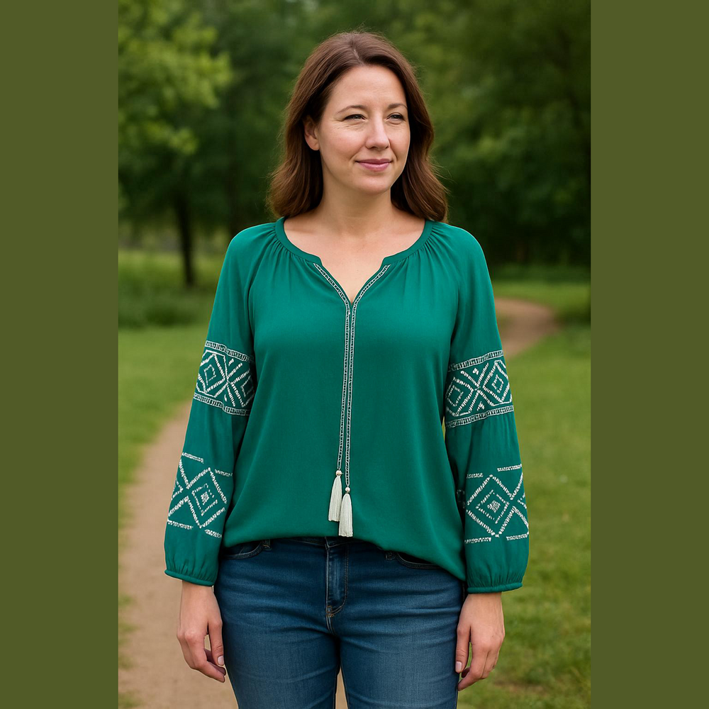 Lane Bryant Teal Blouse with White Embroidery P2P 32” Length 27”. SIZE 24 NWT